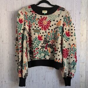 FARM Rio Mushroom Puff Sleeve Multicolor Floral Crew Neck Sweater